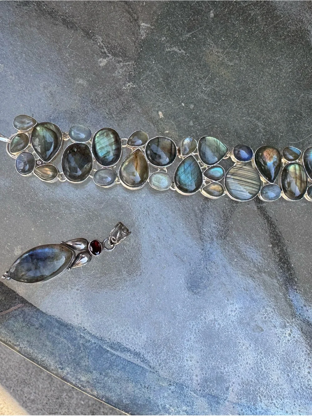 Sterling Silver Labradorite Bracelet & pendant w garnet & green diopside pendant - Picture 11 of 15